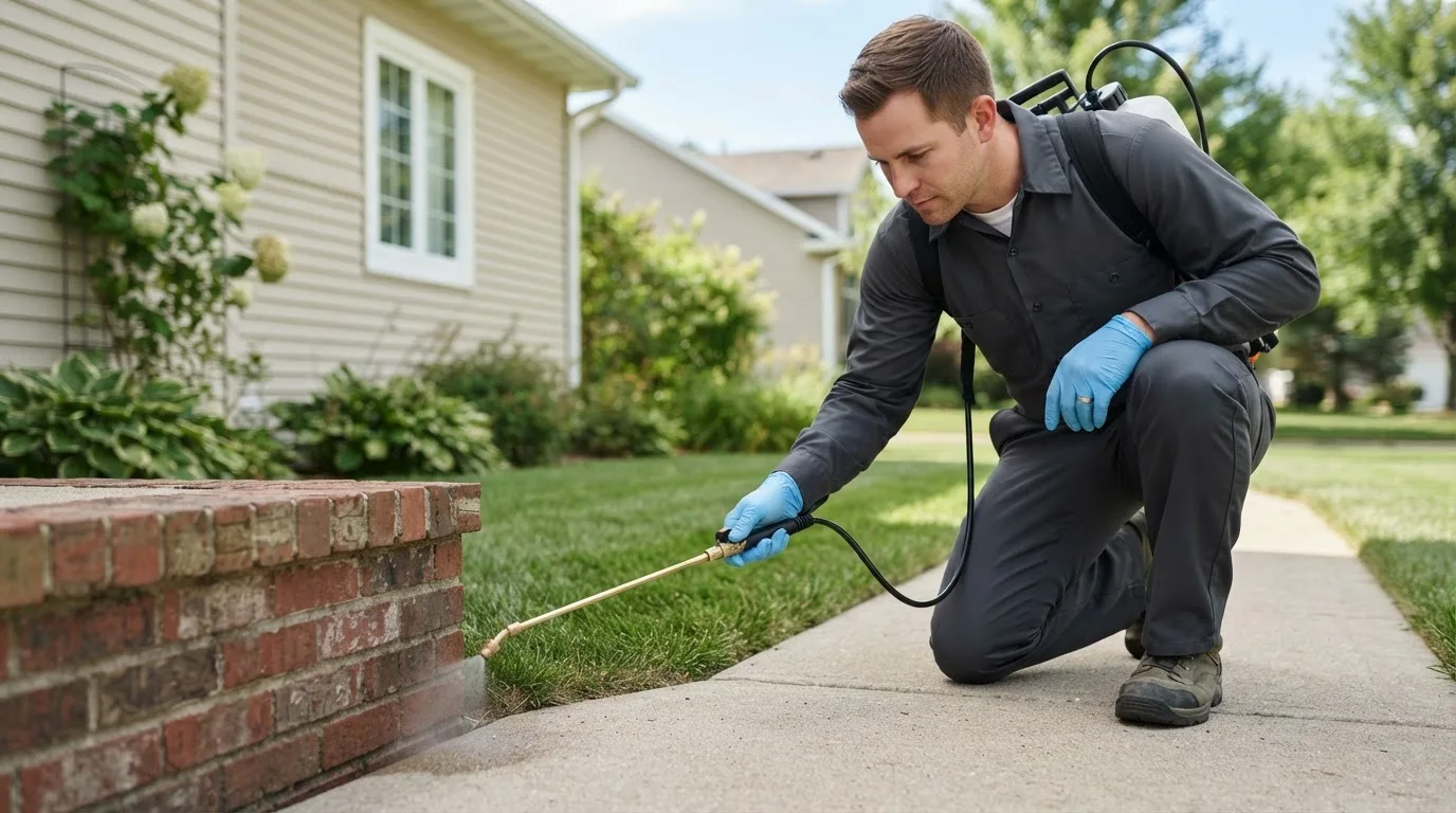 Pest control technician treating a home near White City, KS
