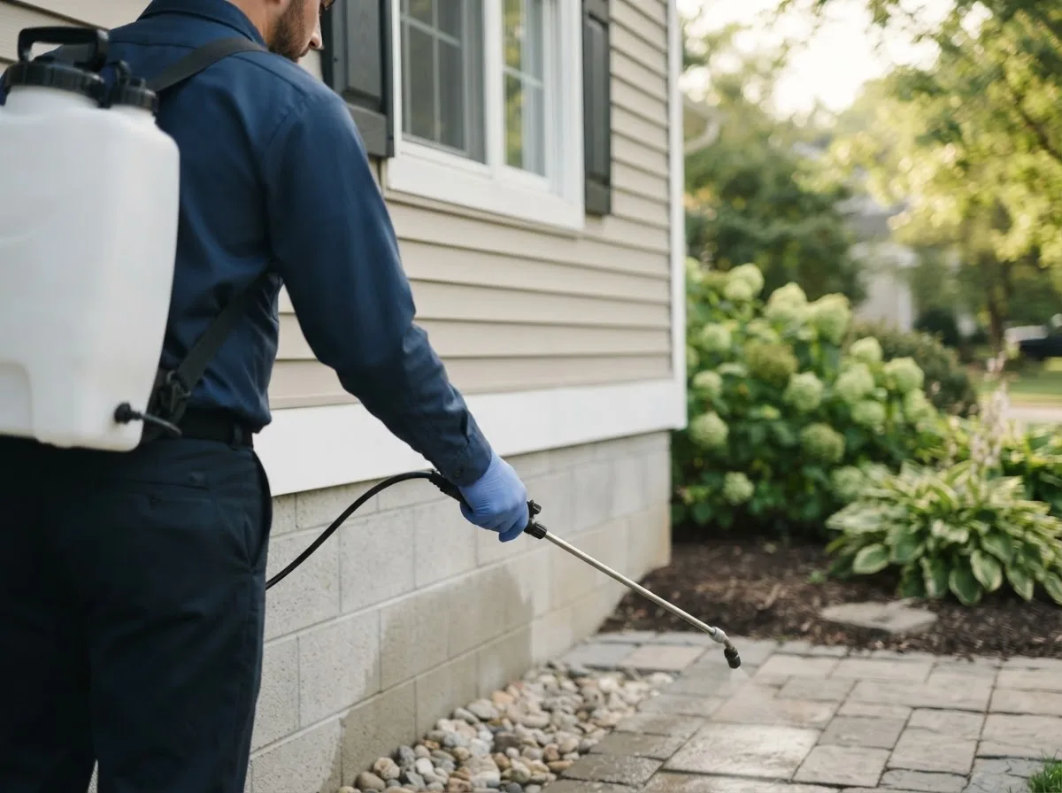 Pest control technician inspecting a home in White City, KS